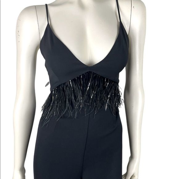 SAYLOR Pants - NWT Saylor's Serena Ostrich Feather Wide Leg Jumpsuit in Black Crepe Size Medium
